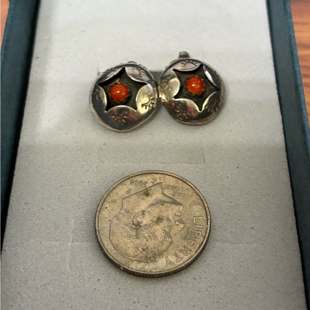 Sterling Silver Button Earrings with Orange Coral Accent